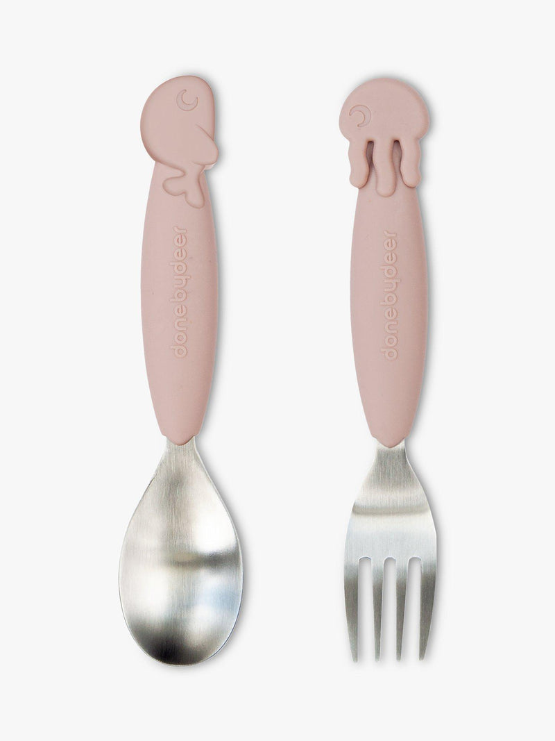 Baby Weaning Spoon and Fork Set with Easy-Grip Silicone Handles and Stainless Steel Heads, Pack of 2