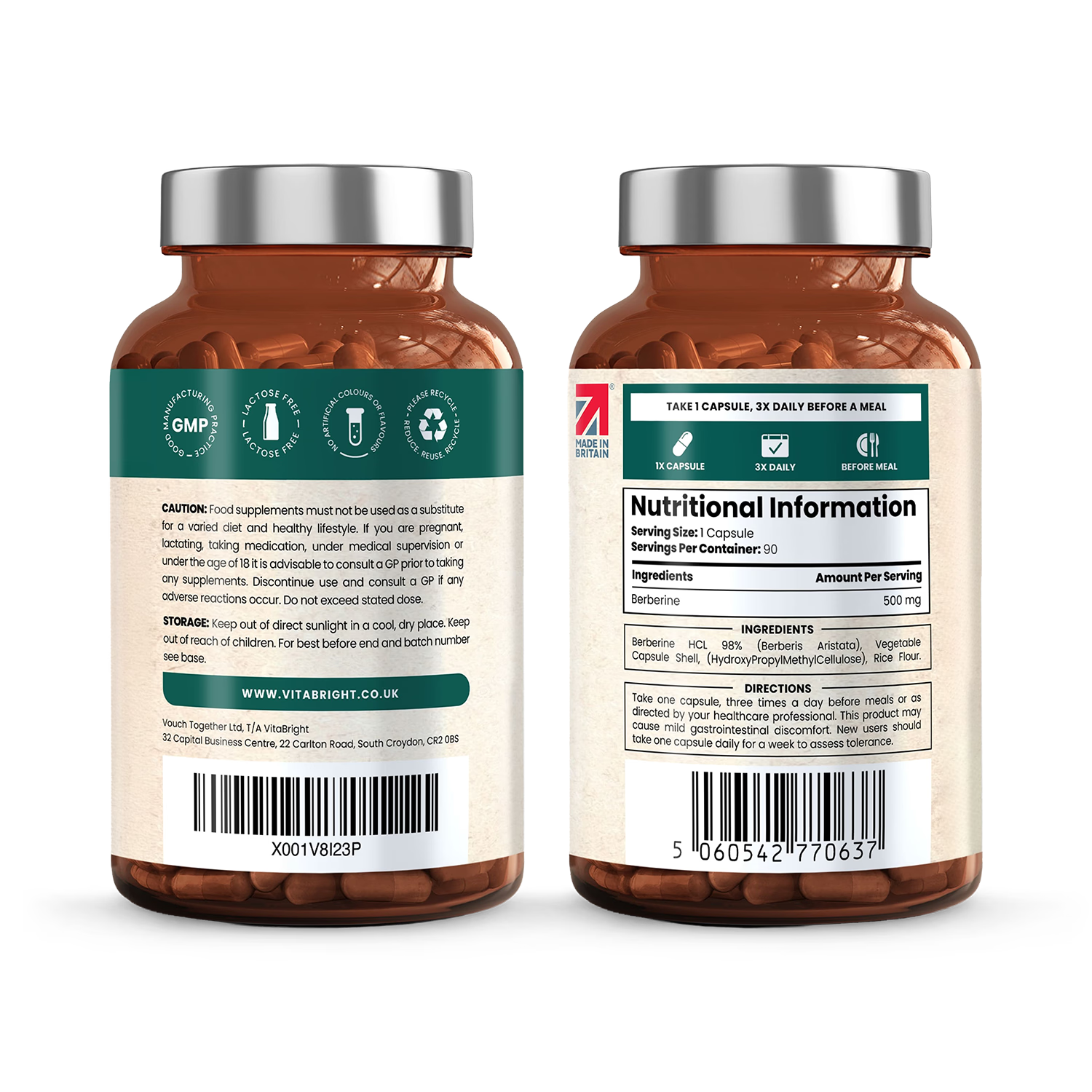 VitaBright Berberine HCL supplement 98% purity 90 capsules (British brand)