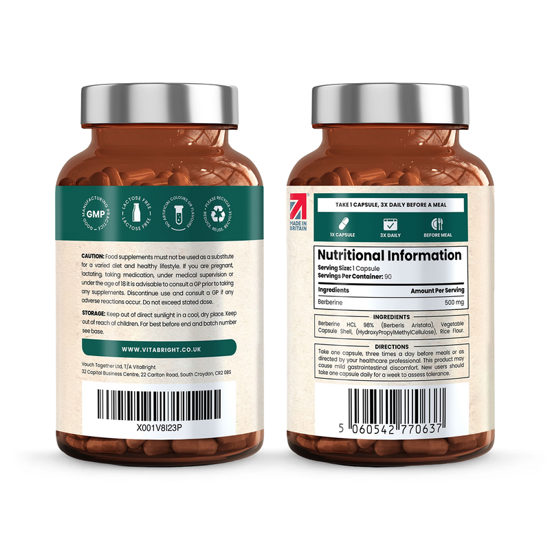 VitaBright Berberine HCL supplement 98% purity 90 capsules (British brand)