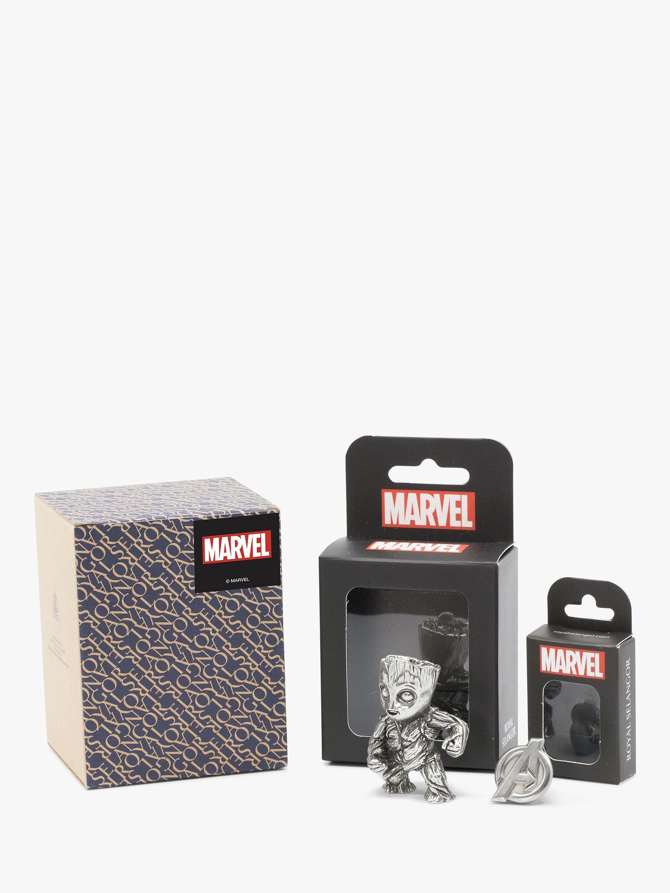 Royal Selangor Mini Groot figurine and Avengers lapel pin set - British product