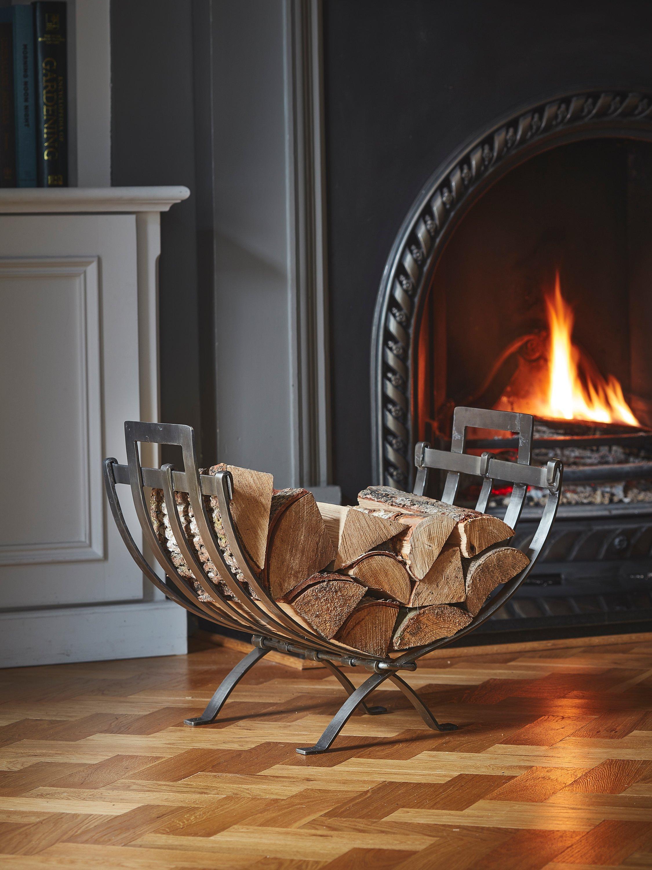 Linear Pewter Finish Log Basket for Firewood Storage