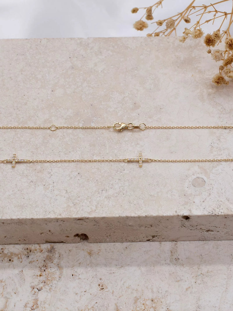 IBB 9ct gold cubic zirconia triple cross chain necklace - British product