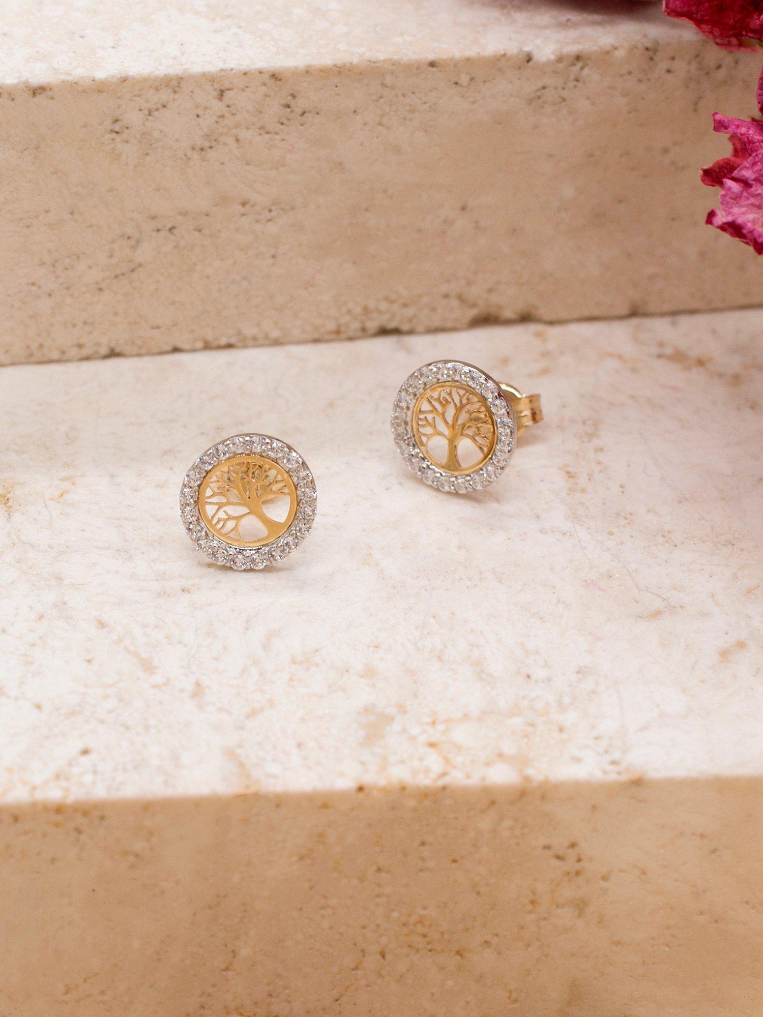IBB gold stud earrings life tree cubic zirconia, imported from the UK