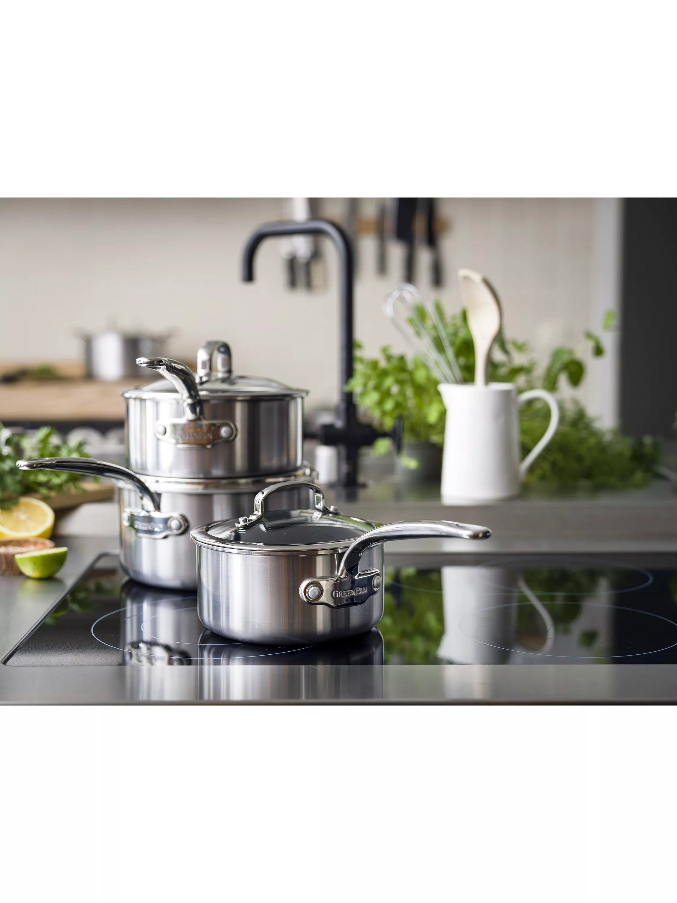 GreenPan Premiere 3-piece stainless steel saucepan set, UK version