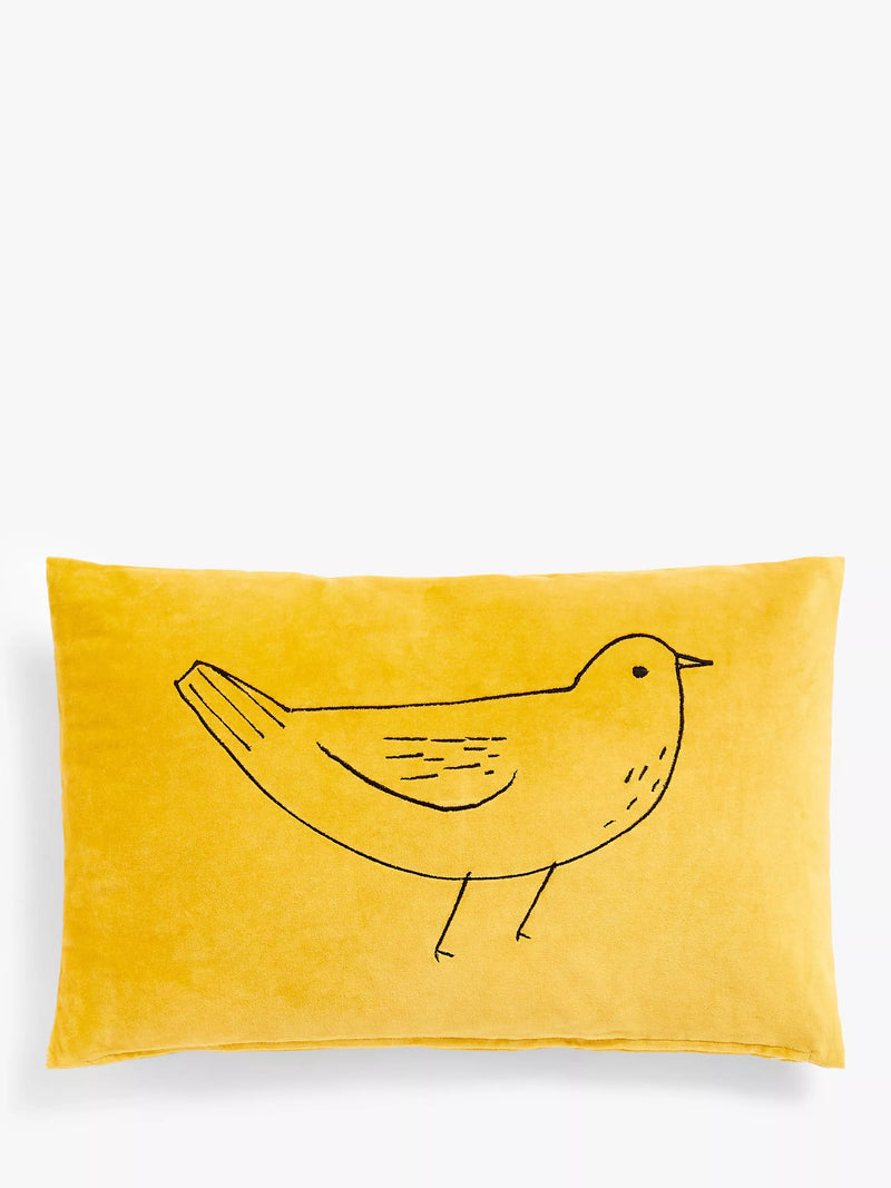 Bird Embroidered Cotton Velvet Decorative Cushion, Fjord