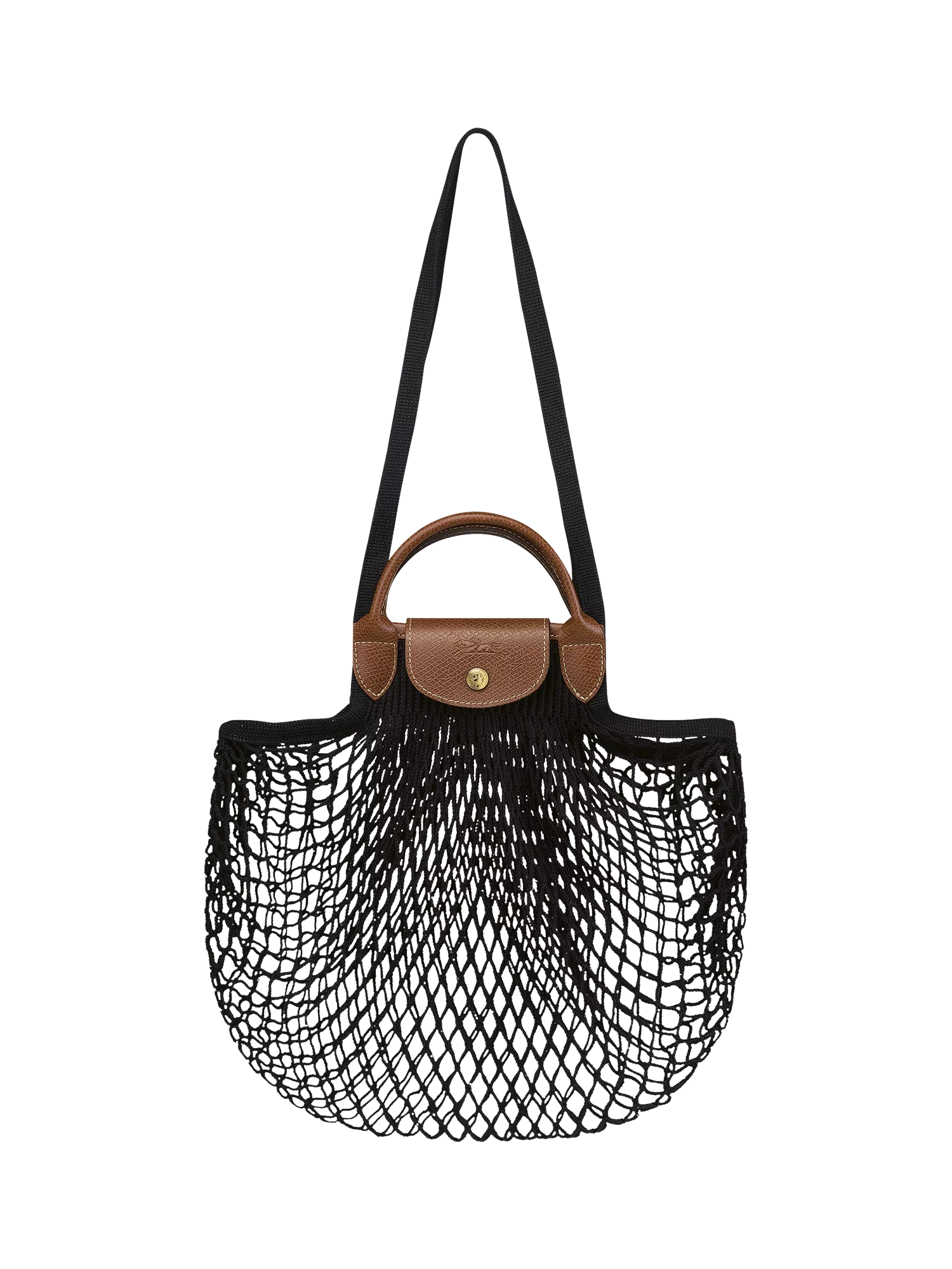 Longchamp Le Pliage Filet net bag with leather top handle, imported from the UK