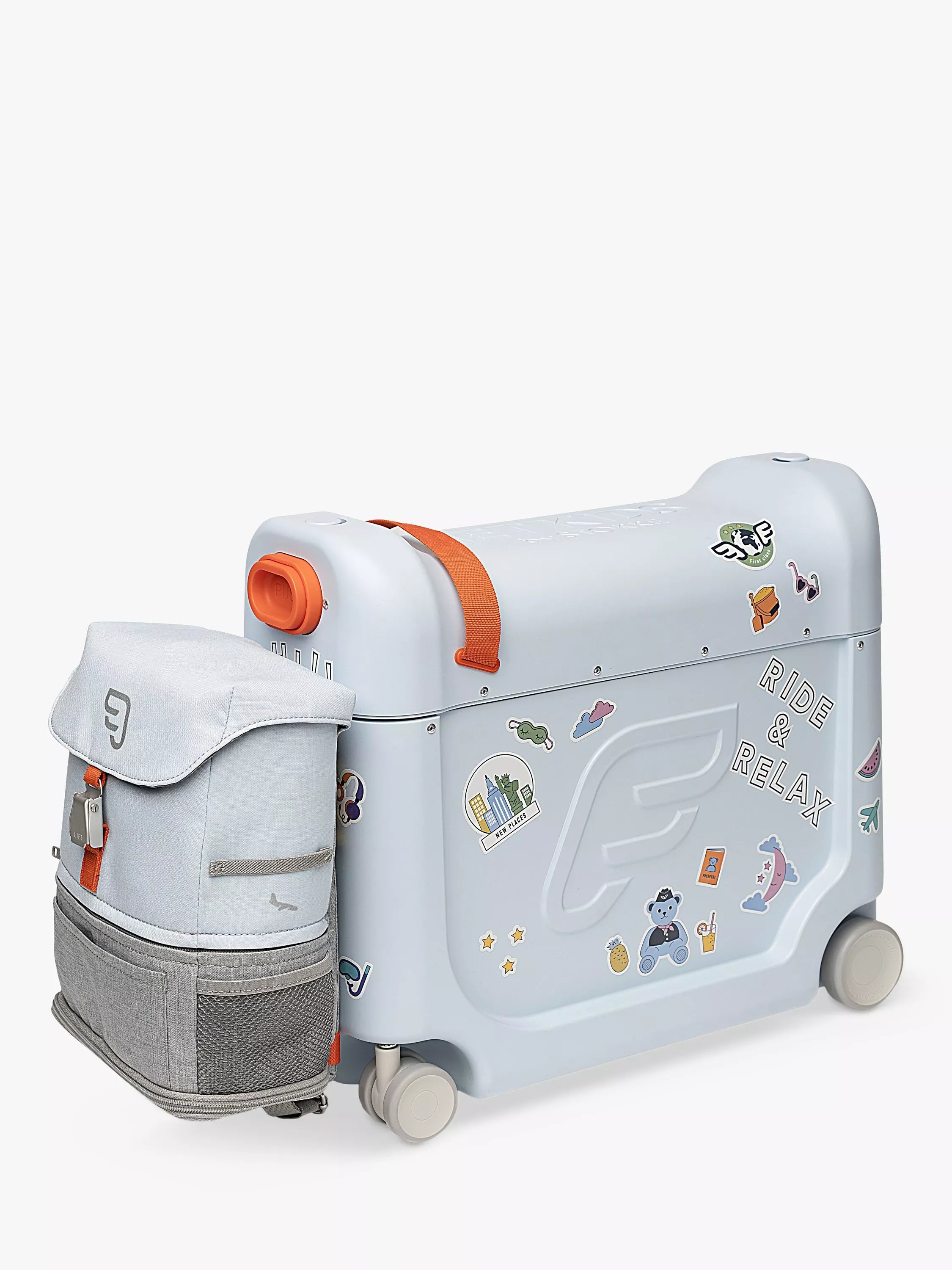 Stokke travel bundle with ride-on suitcase and expandable backpack in Blue Sky (British brand)