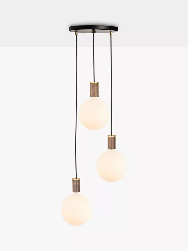 Tala walnut triple pendant cluster with LED bulbs, UK version