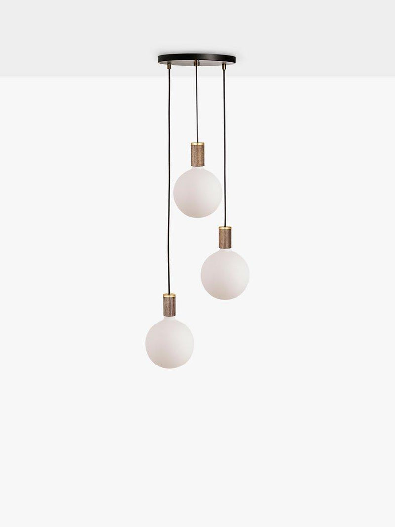 Tala walnut triple pendant cluster with LED bulbs, UK version