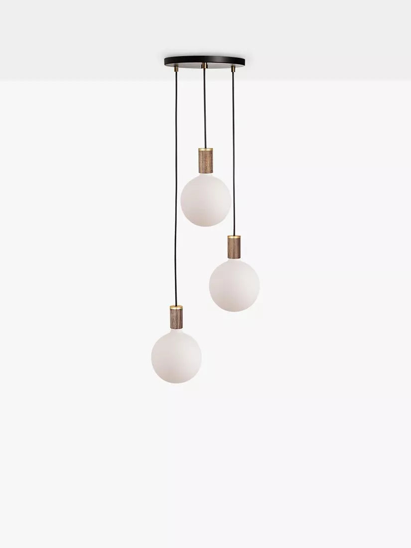 Tala walnut triple pendant cluster with LED bulbs, UK version