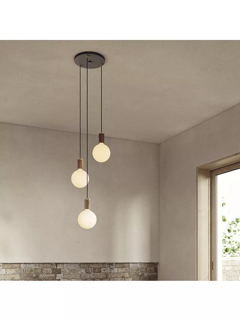 Tala walnut triple pendant cluster with LED bulbs, UK version
