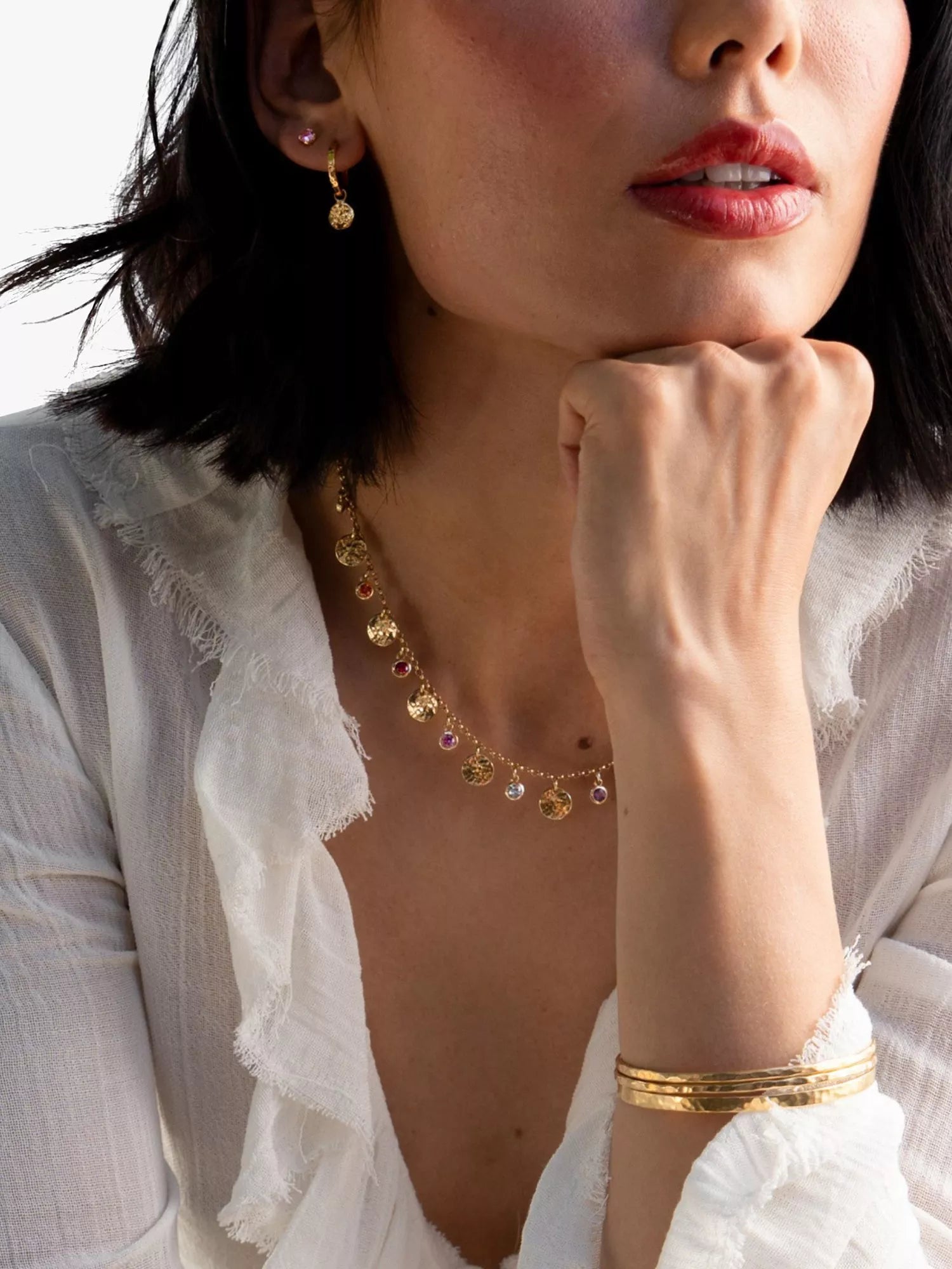 Dower & Hall gold vermeil hammered hoop earrings, imported from the UK