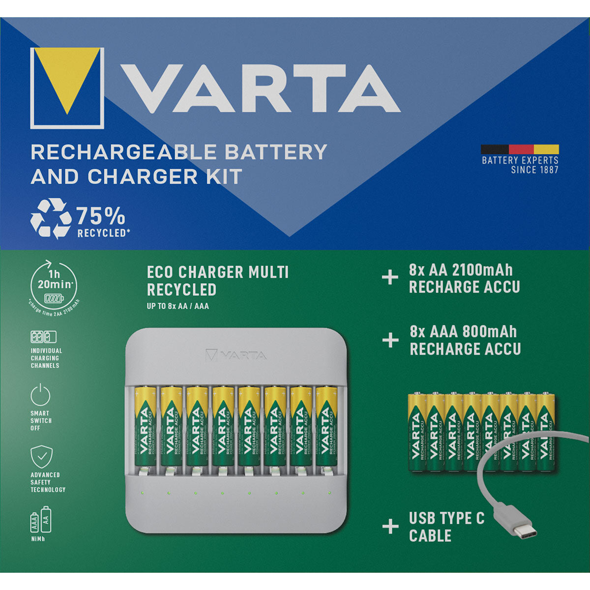 Varta Eco Charger Kit including 8xAA & 8xAAA Rechargeable Batteries GOODS Costco UK