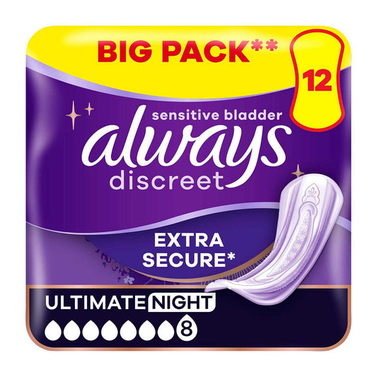 Always Discreet Incontinence Pads Plus Women Ultimate Night x12 GOODS Boots   