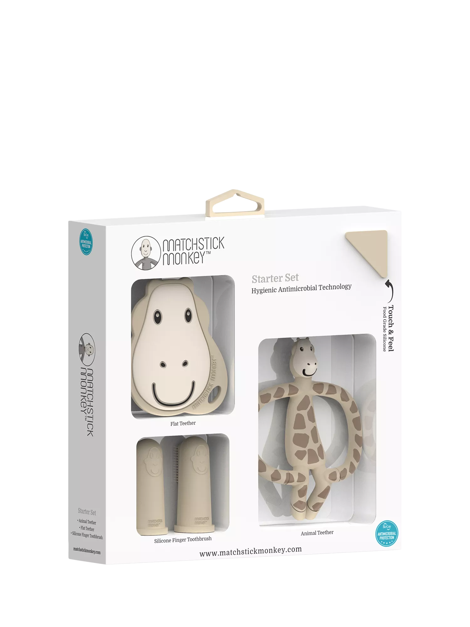Matchstick Monkey giraffe teething set with finger toothbrush, imported from the UK