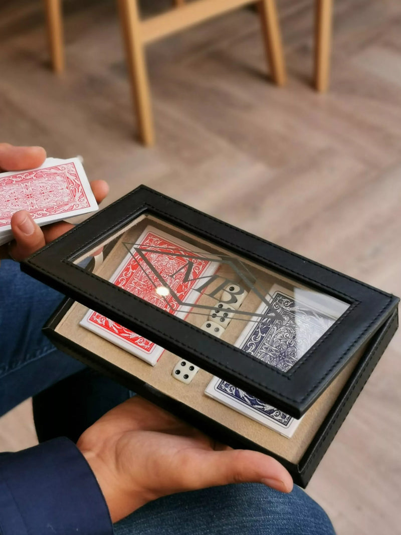 Solesmith personalised dice and card game set with charcoal lettering (British brand)
