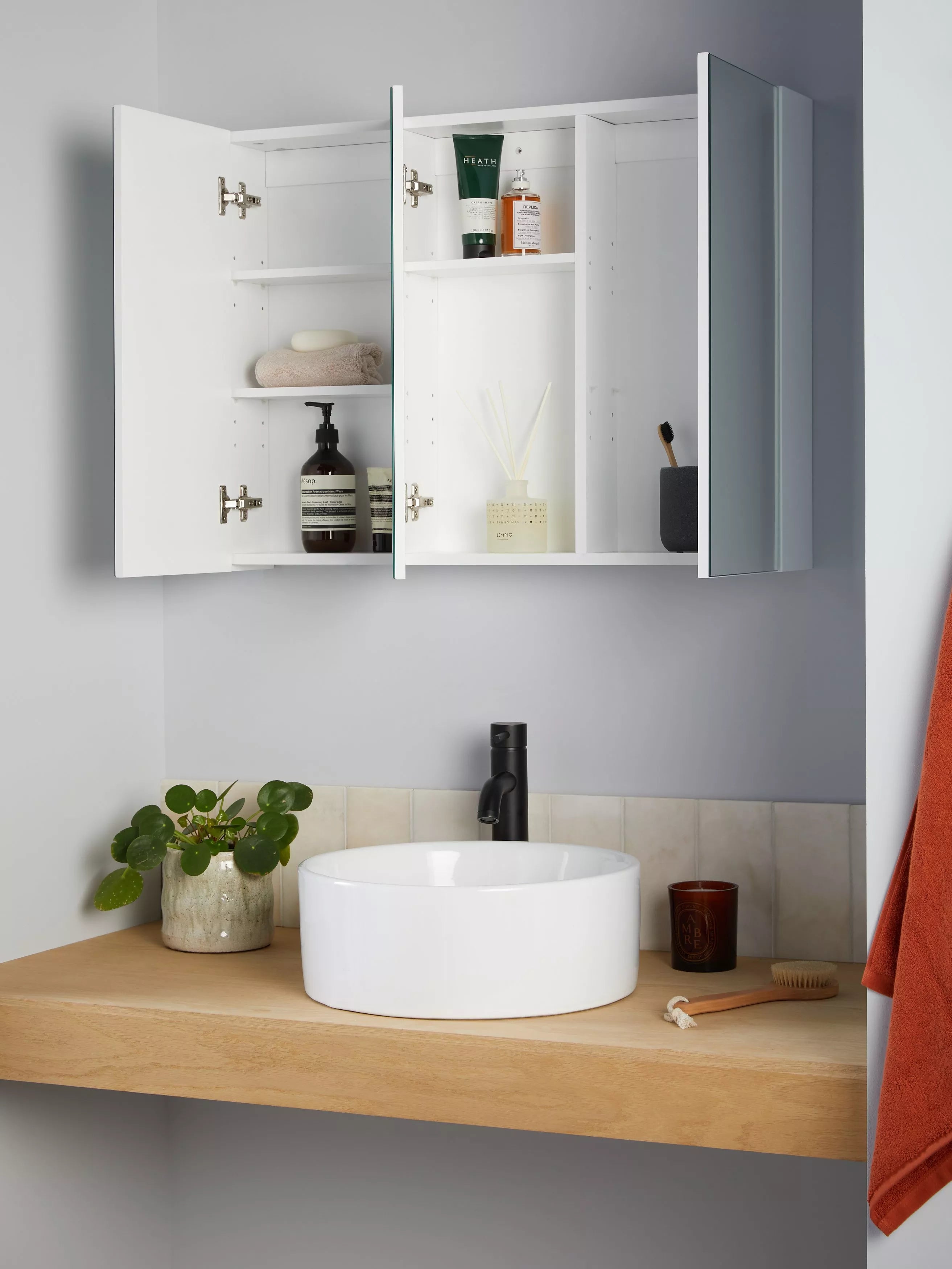 John Lewis triple mirrored white gloss bathroom cabinet, imported from the UK