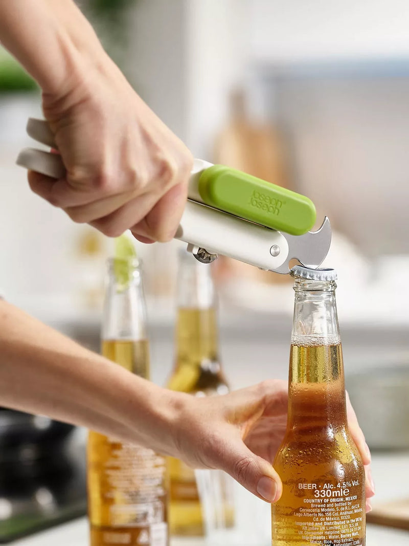 Joseph Joseph multi-function can opener with bottle opener and ring-pull lifter in white and lime green, UK version