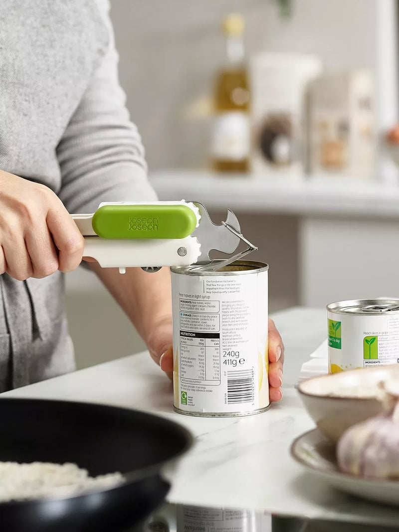 Joseph Joseph multi-function can opener with bottle opener and ring-pull lifter in white and lime green, UK version
