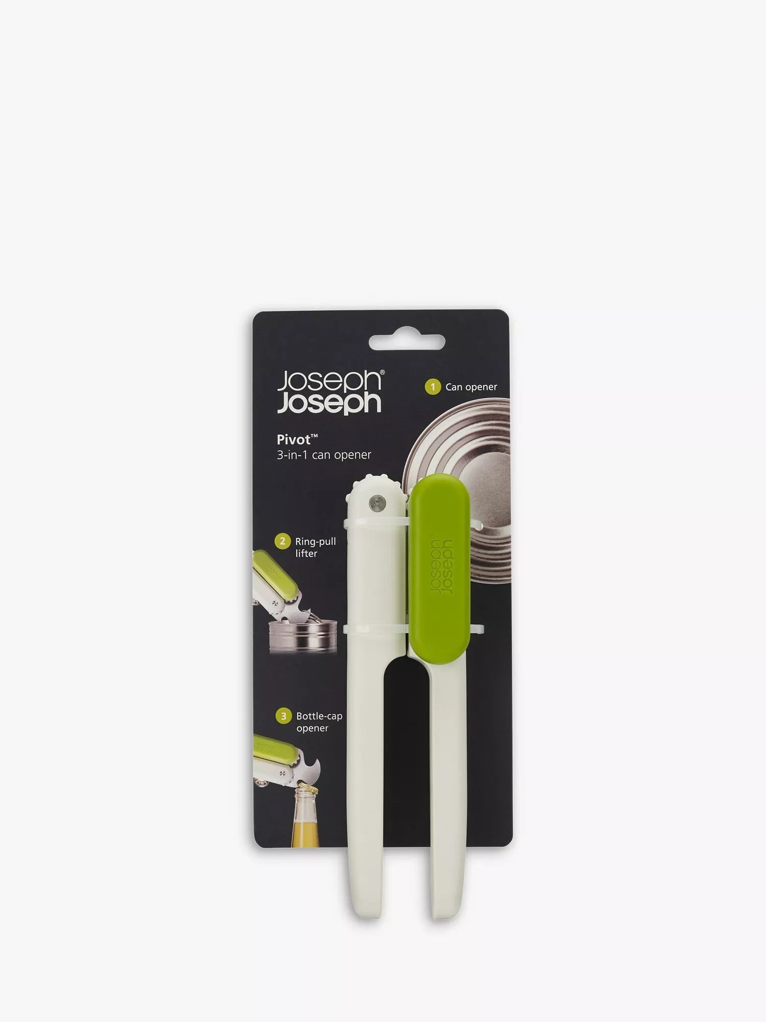 Joseph Joseph multi-function can opener with bottle opener and ring-pull lifter in white and lime green, UK version