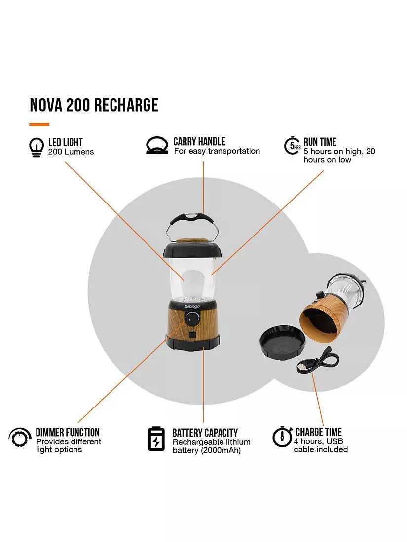 Vango Nova 200 rechargeable USB lantern camping light, imported from the UK