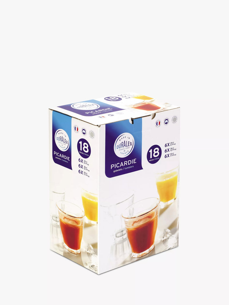 Duralex Picardie highball and tumbler glass set clear 18 piece - British product