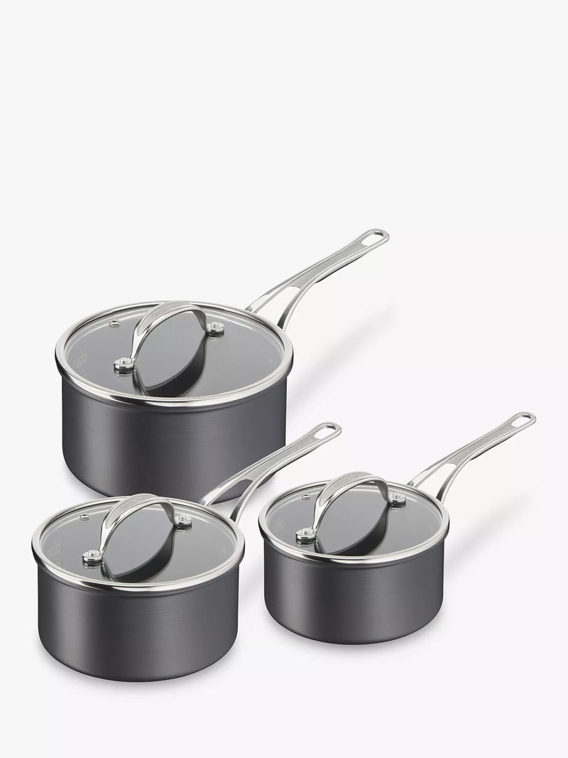 Tefal hard anodised aluminium non-stick saucepan set with glass lids, 16cm, 18cm, 20cm, UK version