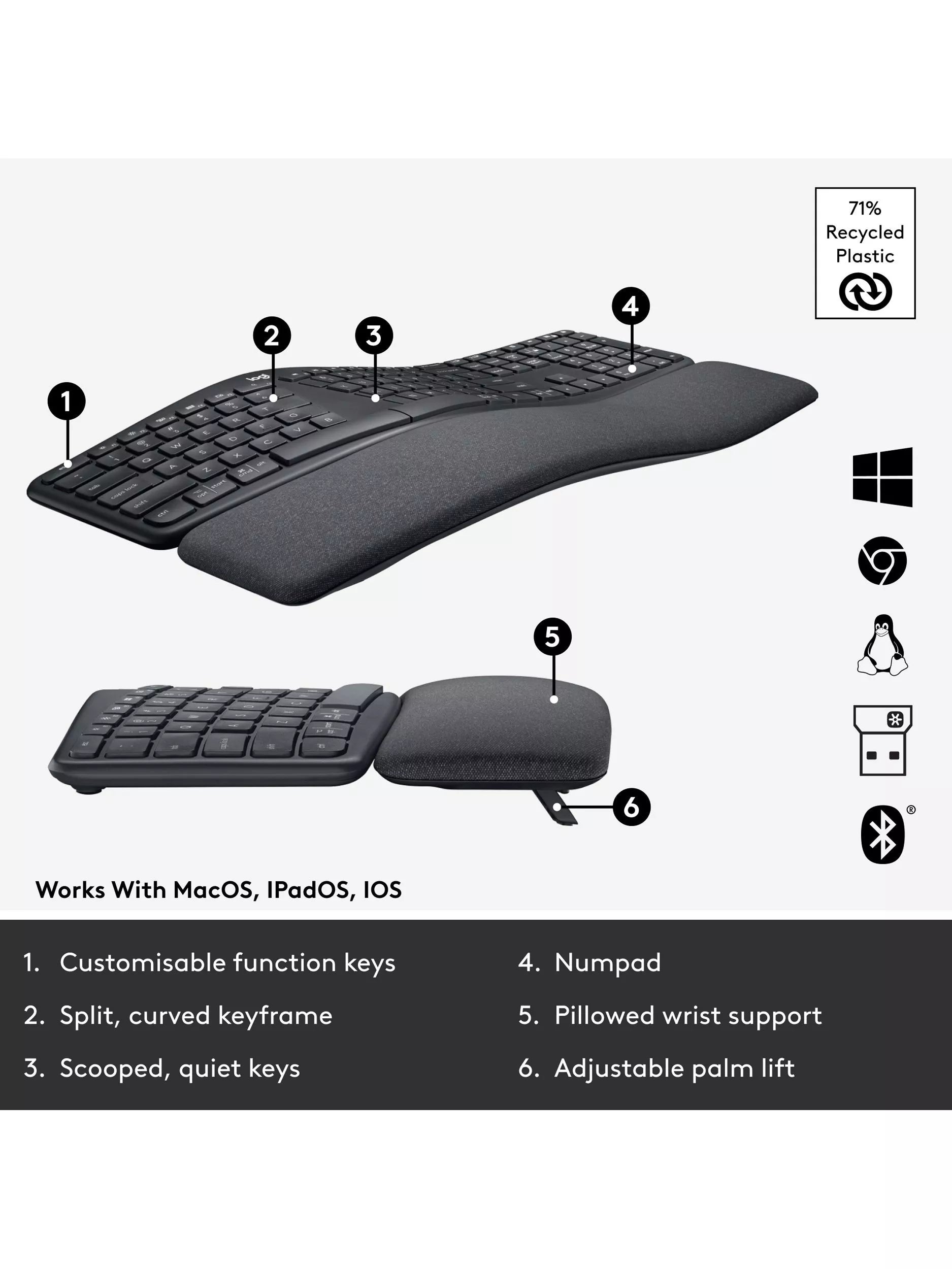 Logitech ERGO K860 ergonomic Bluetooth keyboard (British brand)