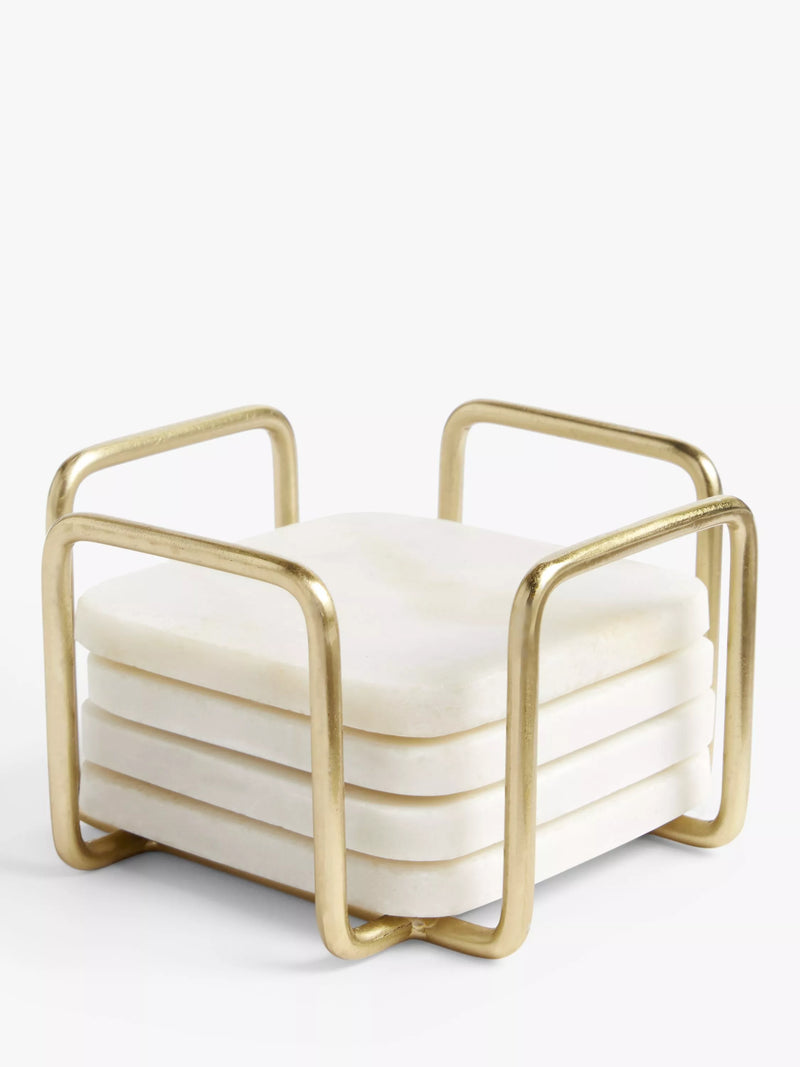 John Lewis square marble coasters with stainless steel stand, set of 4, white and gold, UK version