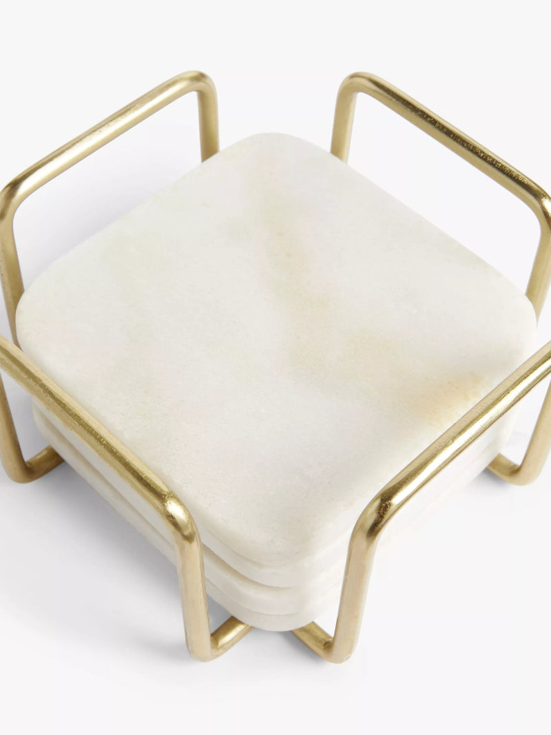 John Lewis square marble coasters with stainless steel stand, set of 4, white and gold, UK version