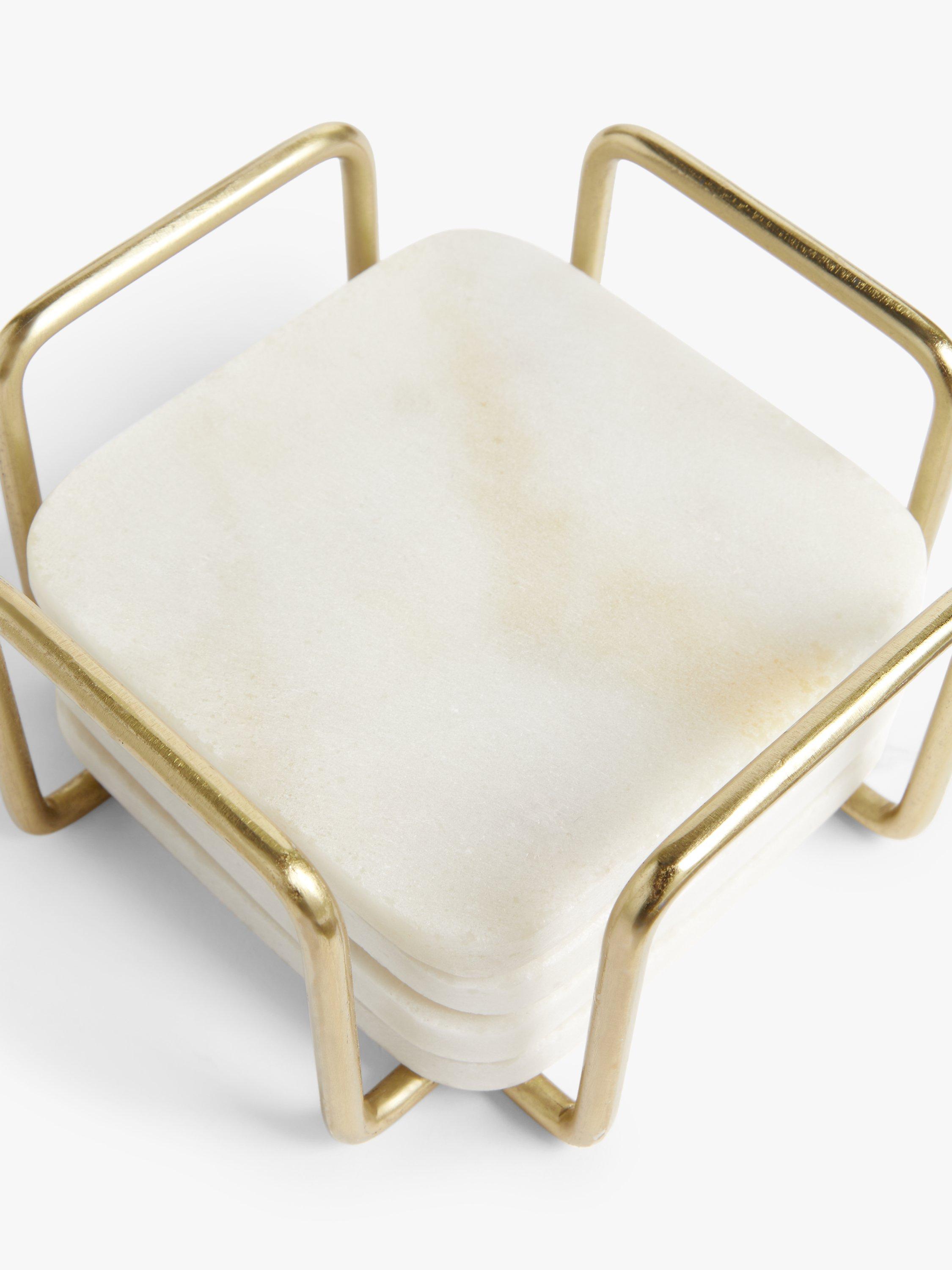 John Lewis square marble coasters with stainless steel stand, set of 4, white and gold, UK version
