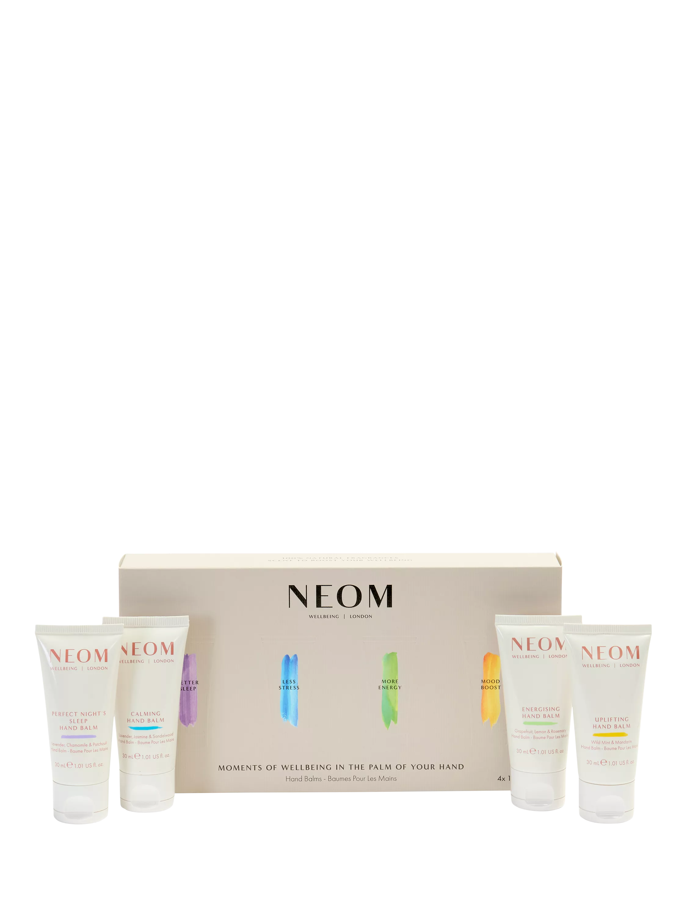 NEOM hand balm gift set with four 30ml balms, imported from the UK