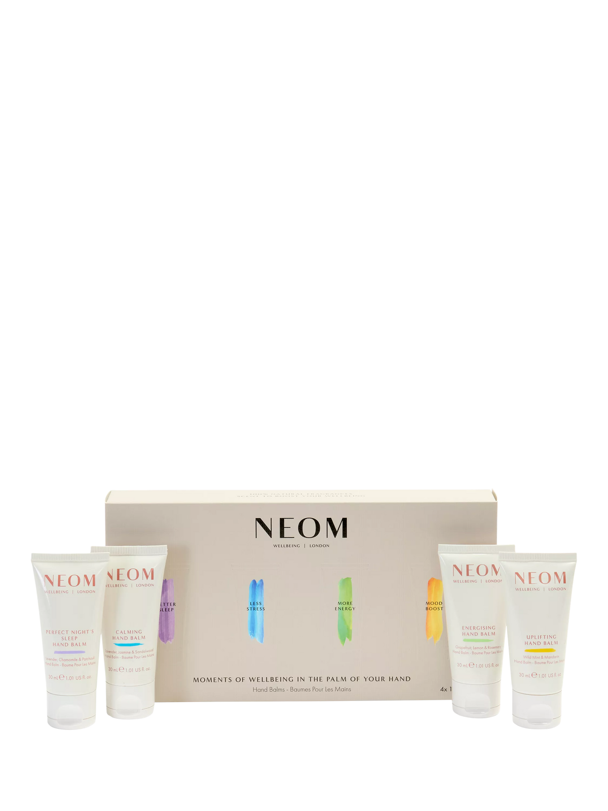 NEOM hand balm gift set with four 30ml balms, imported from the UK