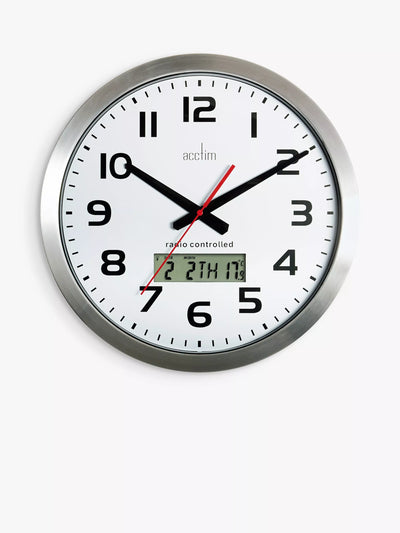 John Lewis Acctim Meridian Radio Controlled Analogue Wall Clock with LCD Display, 38cm, Silver- Buy online at McGrocer