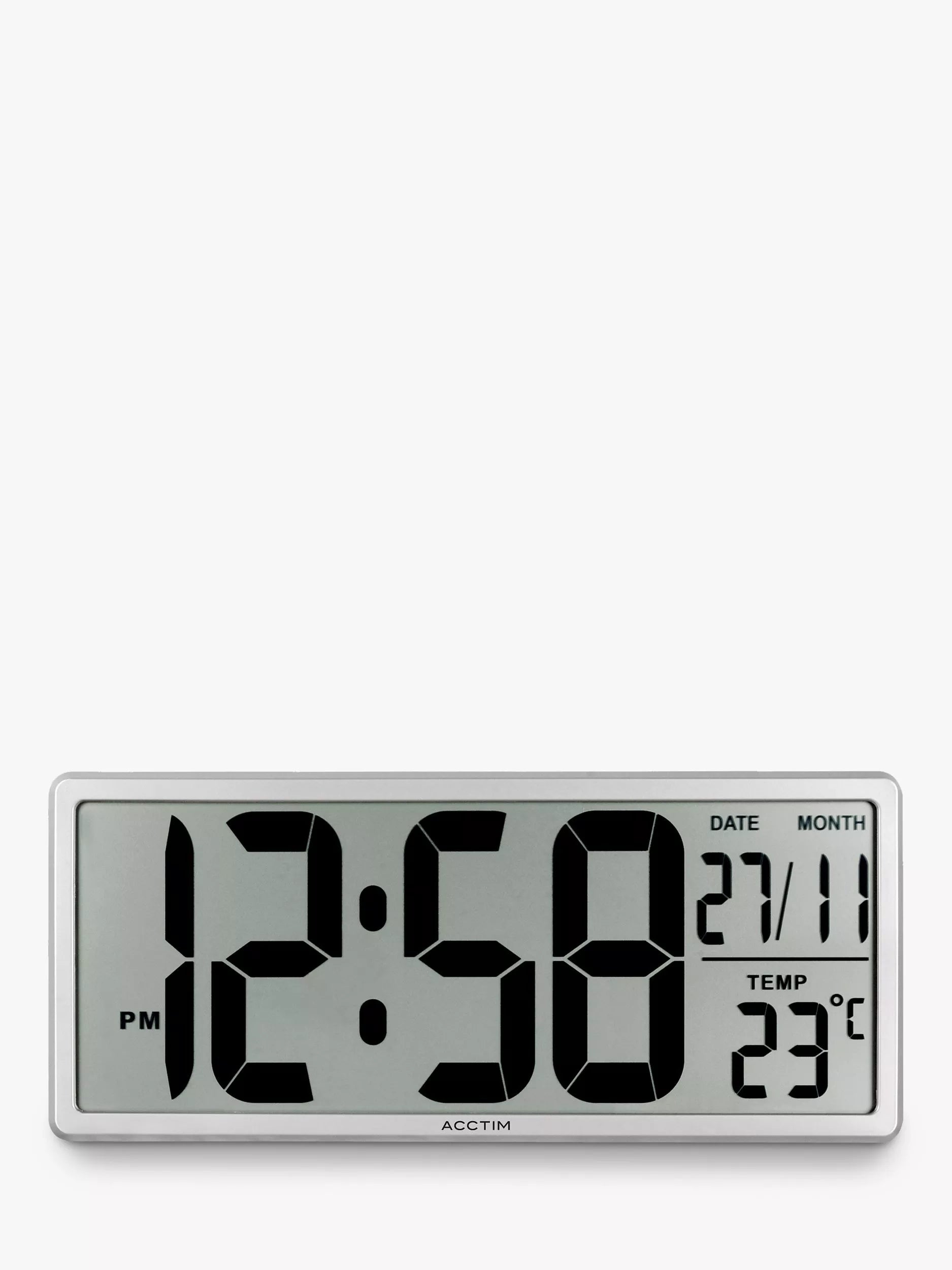 Acctim Datekeeper digital wall alarm clock in silver, imported from the UK