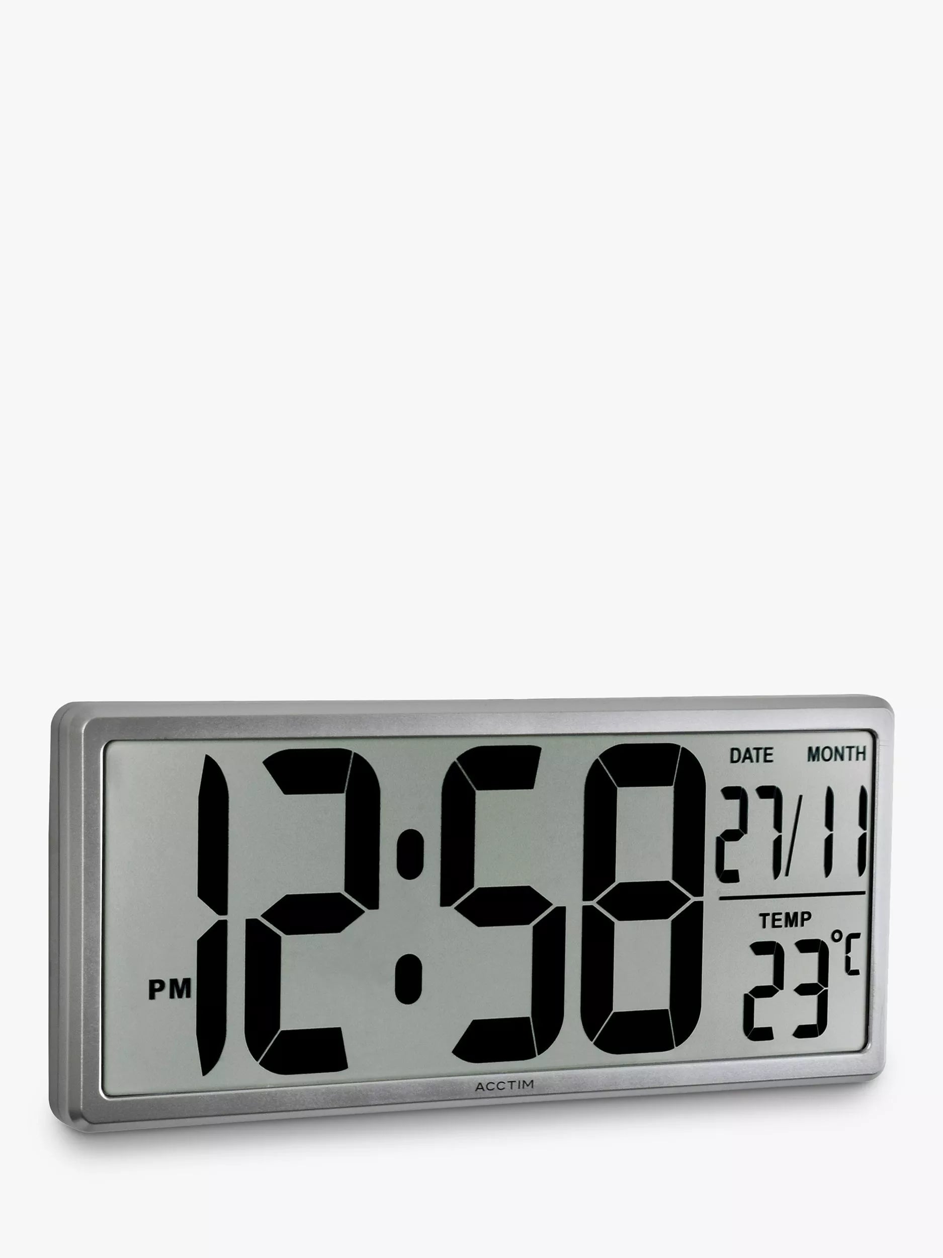 Acctim Datekeeper digital wall alarm clock in silver, imported from the UK