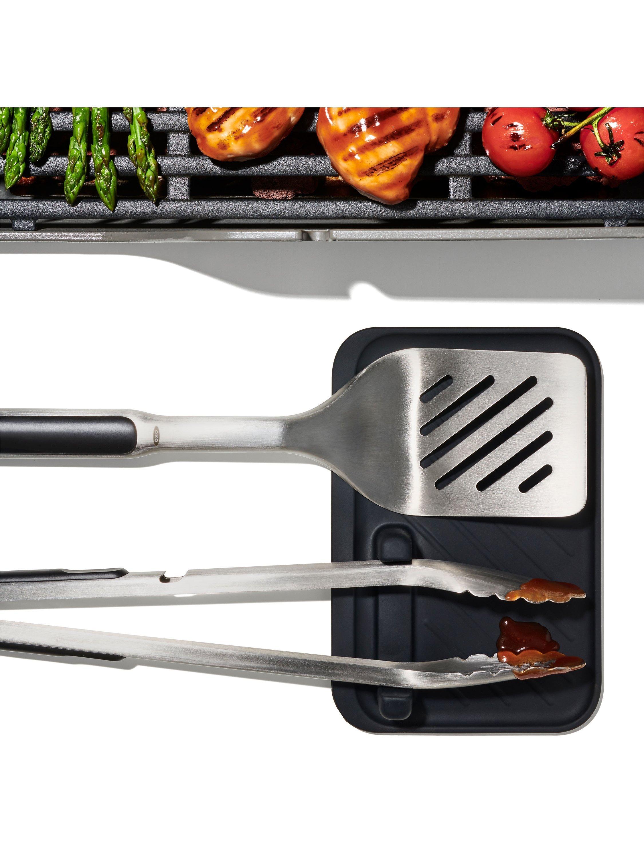 OXO Good Grips 3-piece BBQ tool set with tongs turner rest (British brand)