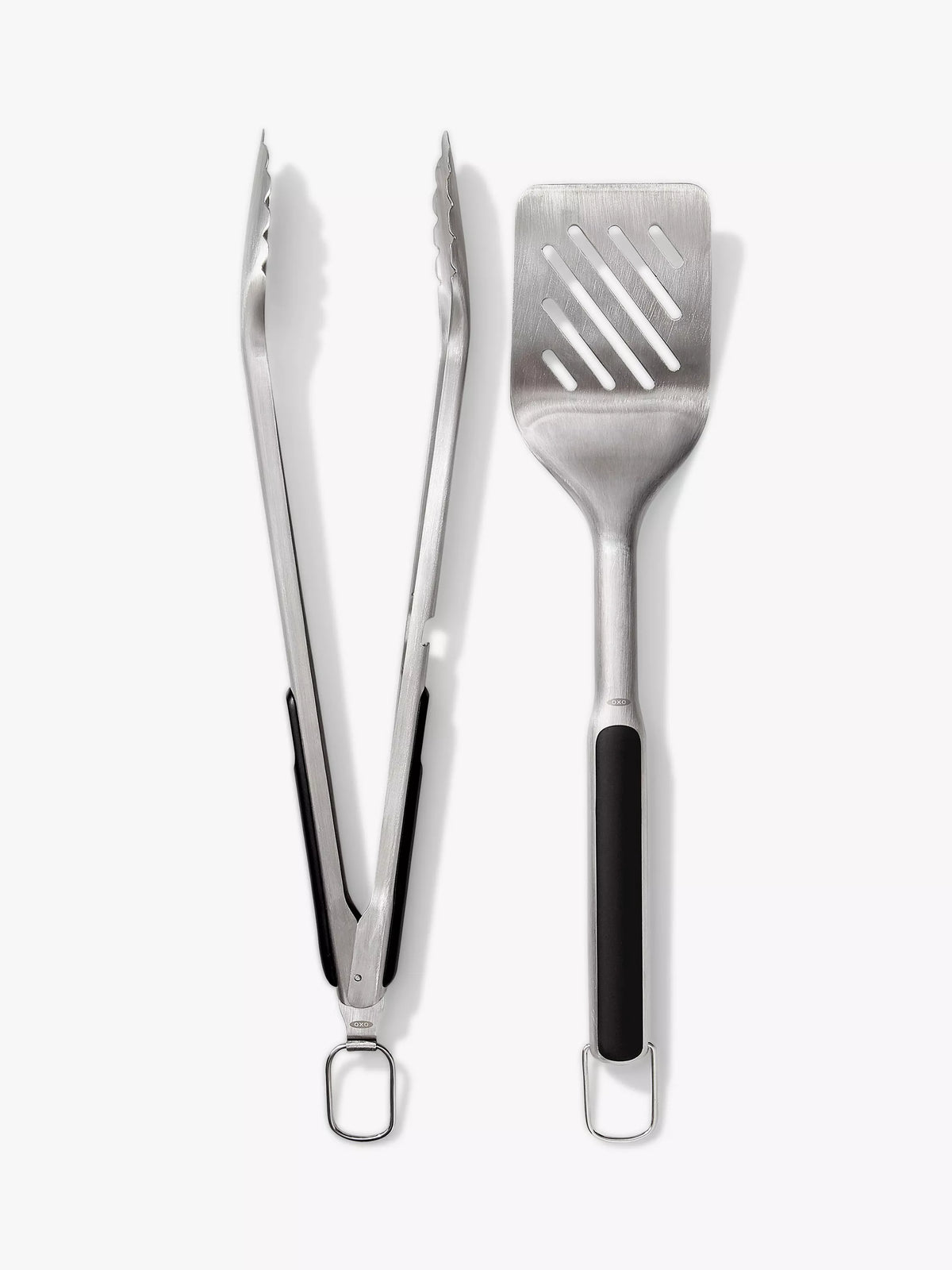 OXO stainless steel BBQ turner and tongs set from a British brand