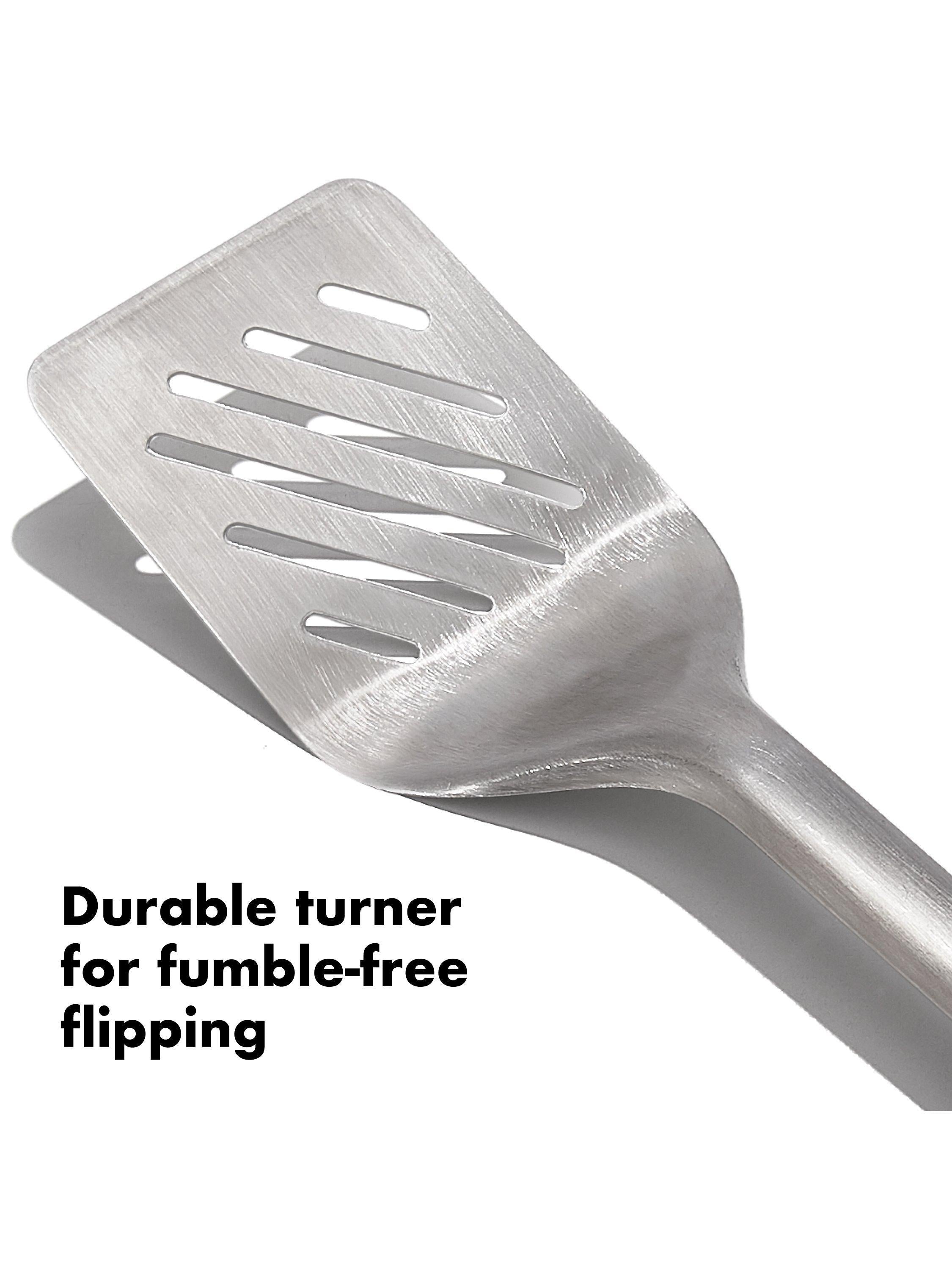 OXO stainless steel BBQ turner and tongs set from a British brand