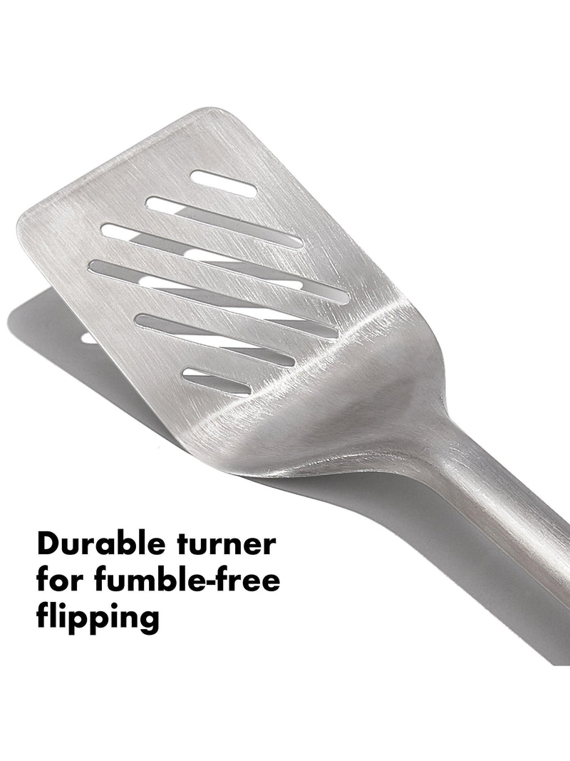 OXO stainless steel BBQ turner and tongs set from a British brand