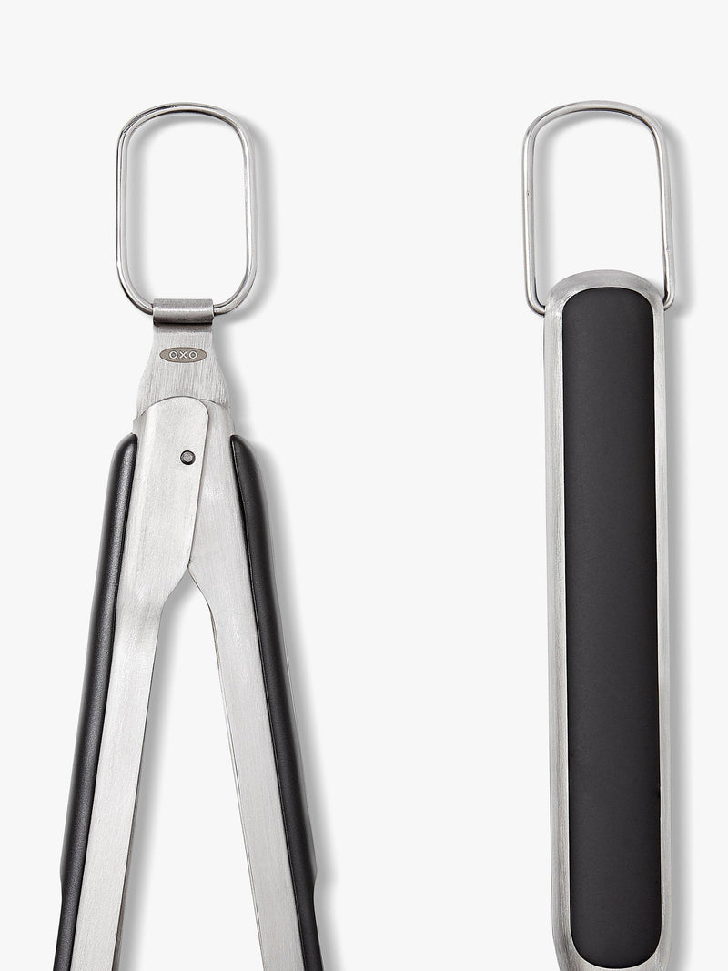 OXO stainless steel BBQ turner and tongs set from a British brand