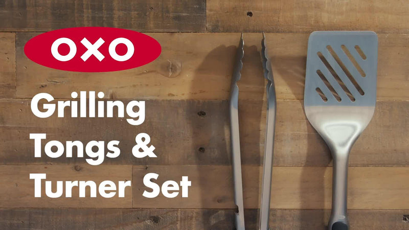 OXO stainless steel BBQ turner and tongs set from a British brand