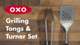 OXO stainless steel BBQ turner and tongs set from a British brand