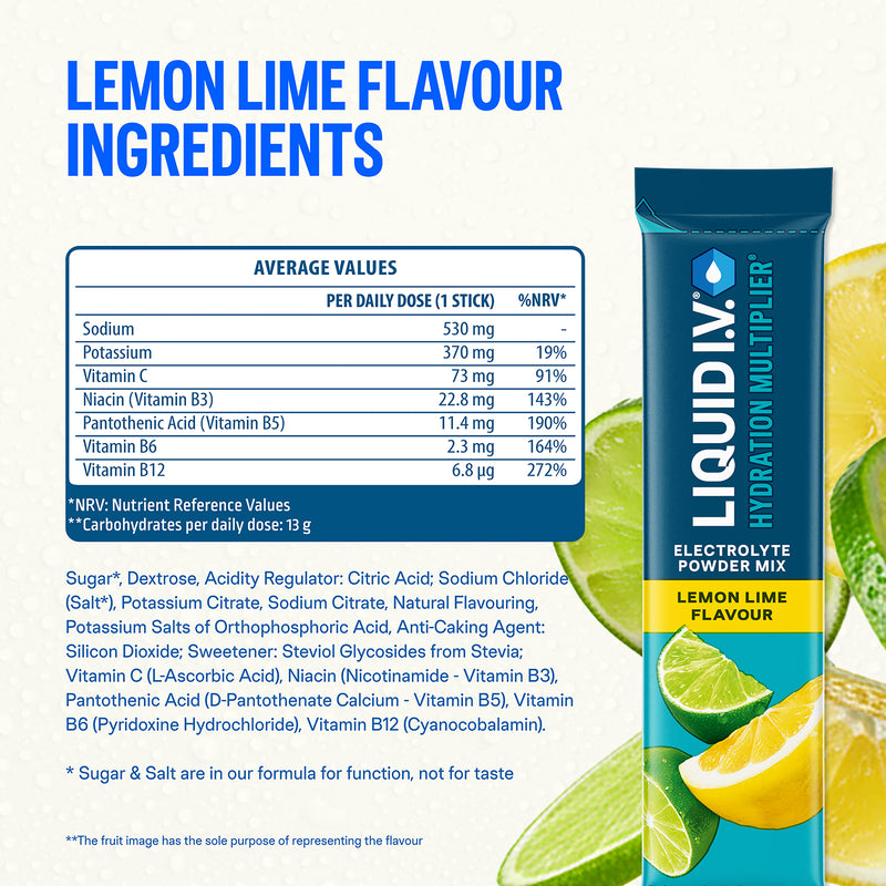 Liquid I.V. lemon lime electrolyte powder sachets, imported from the UK