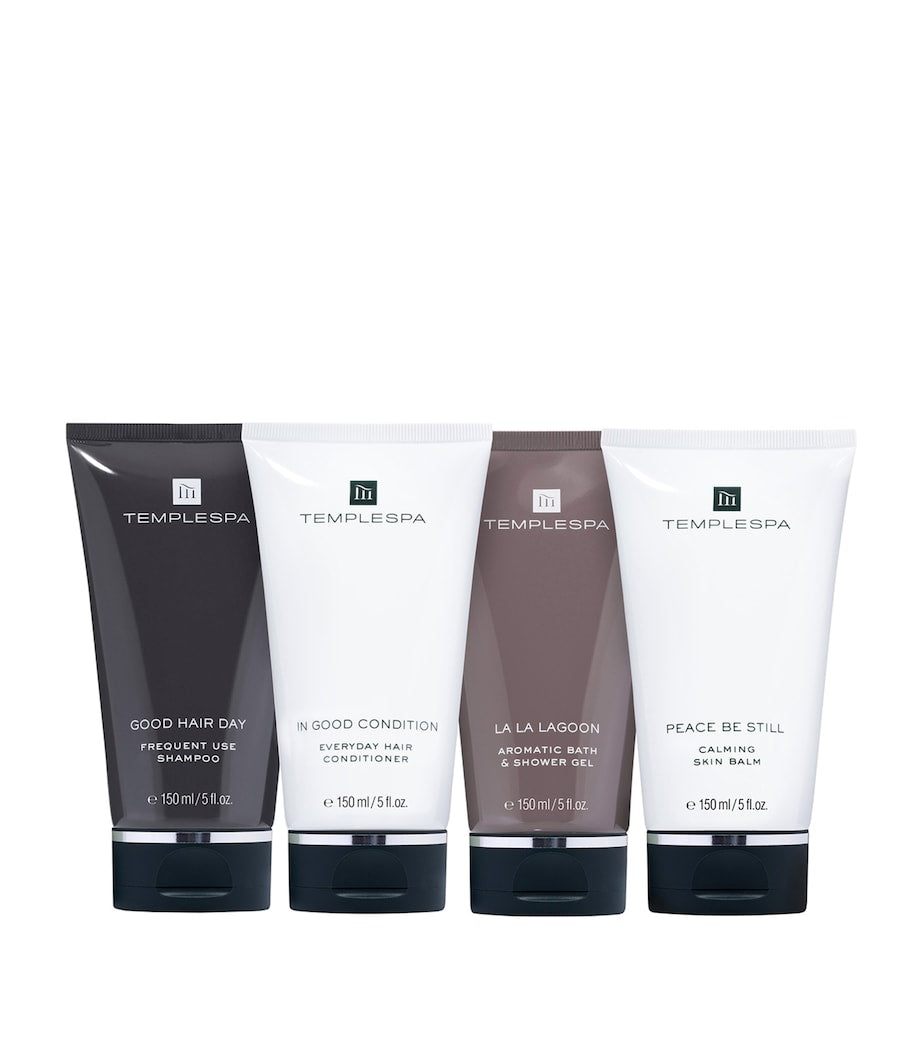 TEMPLESPA travel-sized bath and body set with shampoo, conditioner, shower gel, and moisturiser 150ml each (British brand)