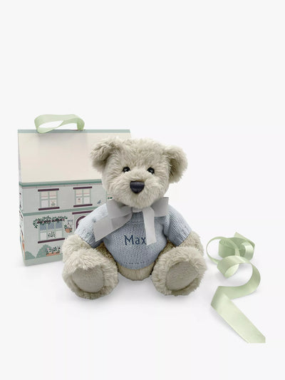 John Lewis Babyblooms Berkeley Bear Personalised Soft Toy with Bear House Box Light Blue- Buy online at McGrocer