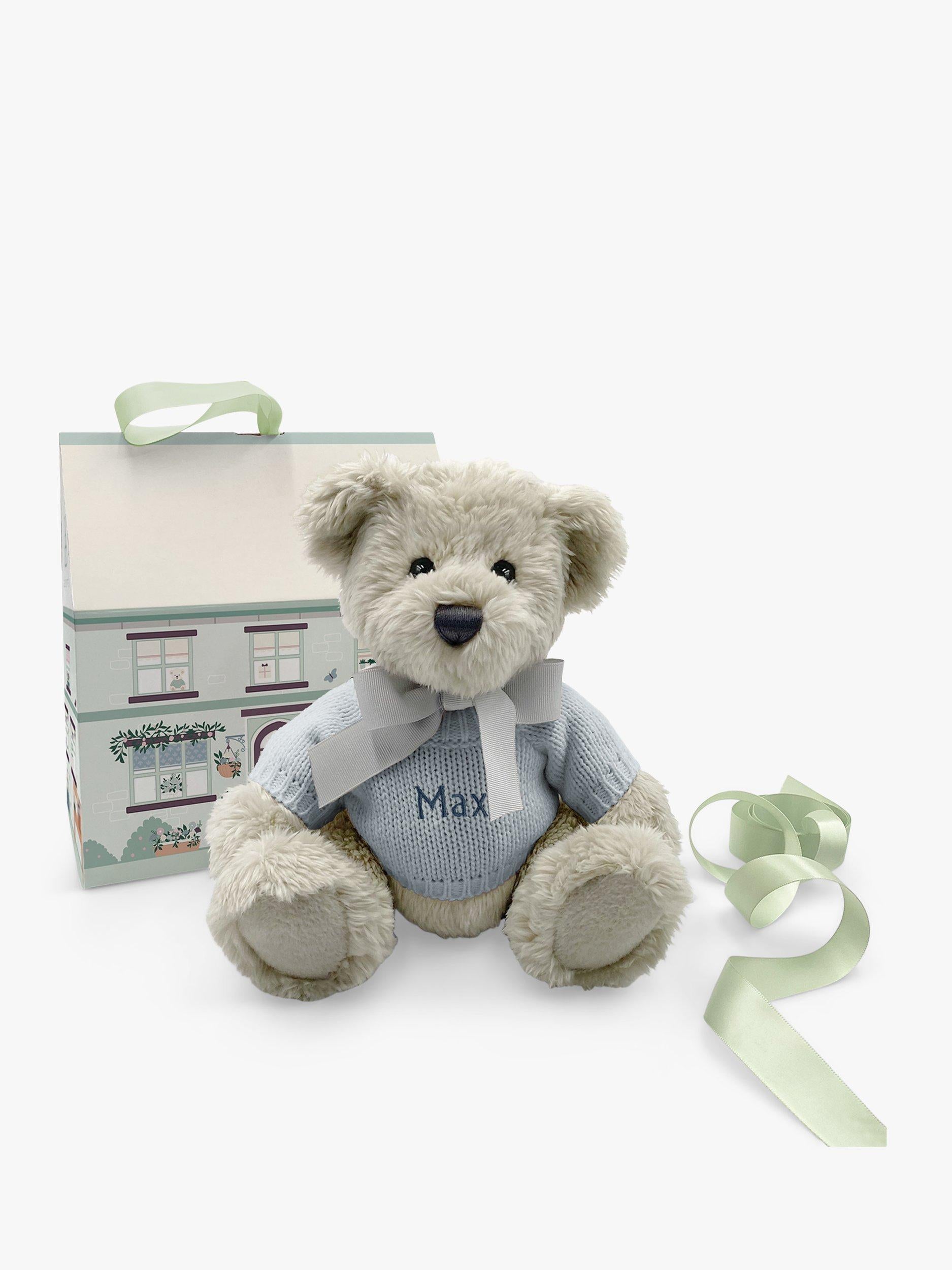 Babyblooms Berkeley Bear personalised soft toy with bear house box, light blue, 20cm high - British product