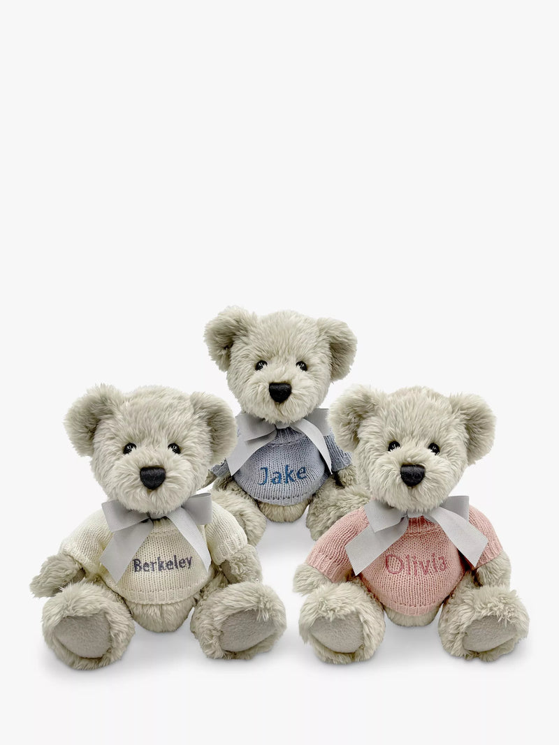 Babyblooms Berkeley Bear personalised soft toy with bear house box, light blue, 20cm high - British product