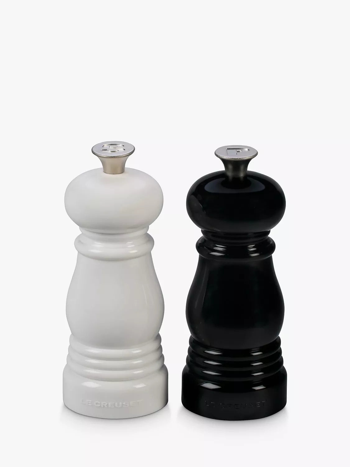 Le Creuset salt and pepper mini mills in black/white, UK version