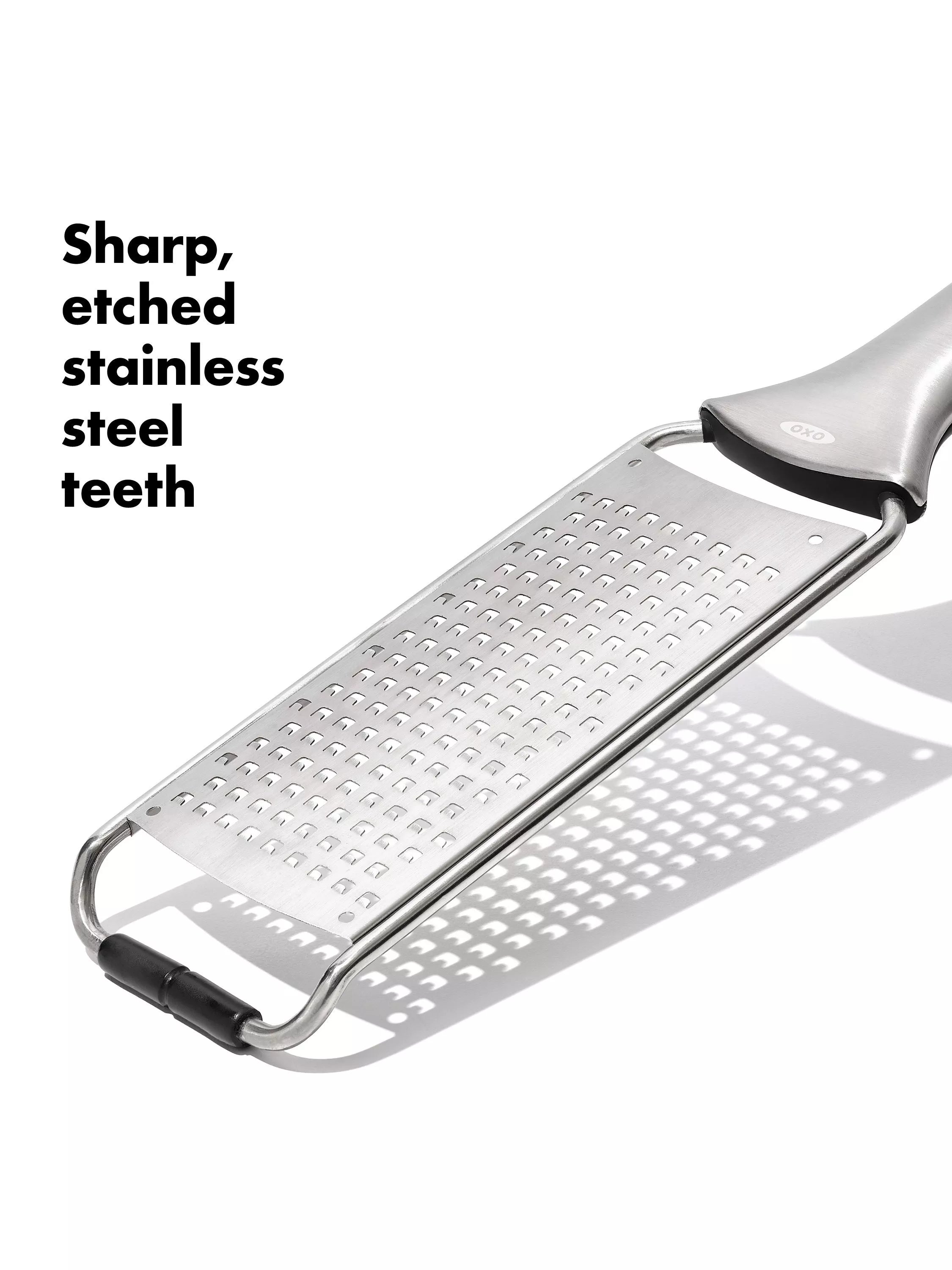 OXO etched stainless steel fine grater non-slip handle, UK version